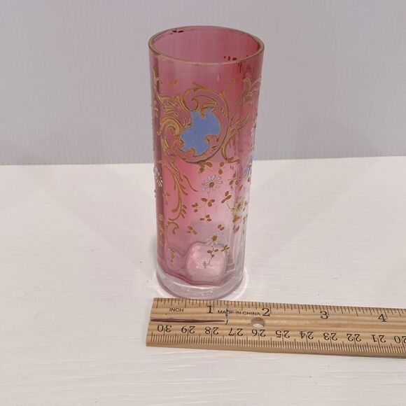 Vintage Hand Blown Cranberry Glass Hand Painted 3D Floral Single Bud Vase - Picture 9 of 9